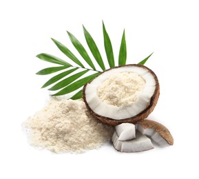 Photo of Fresh coconut flour, palm leaf and nut isolated on white