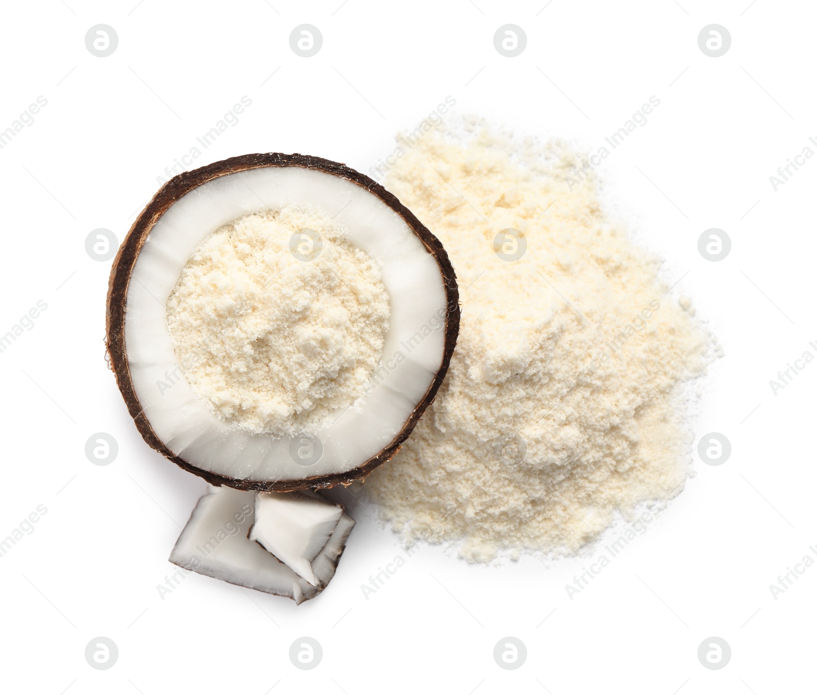 Photo of Fresh coconut flour and nut isolated on white, top view