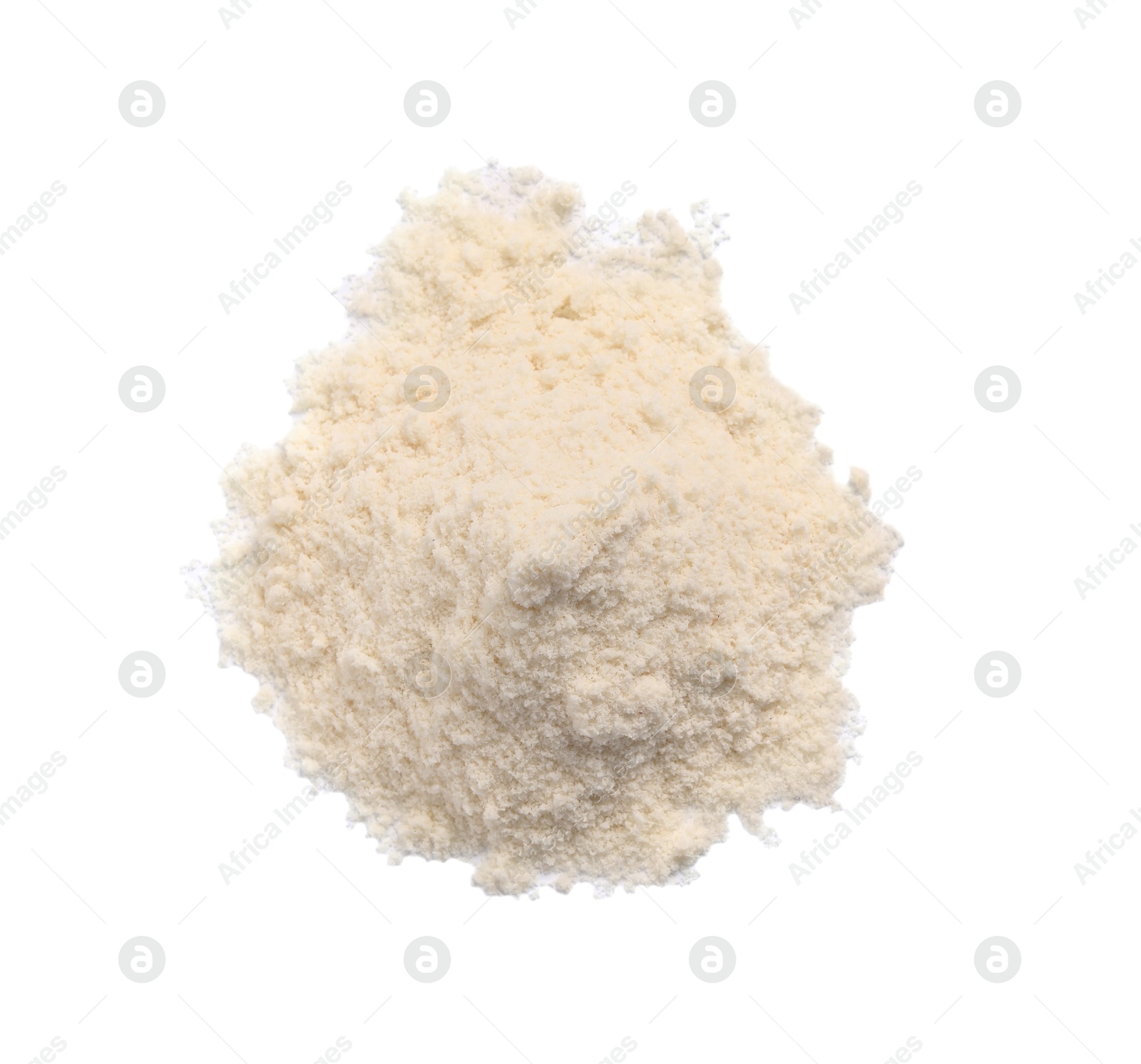 Photo of Heap of coconut flour isolated on white, top view