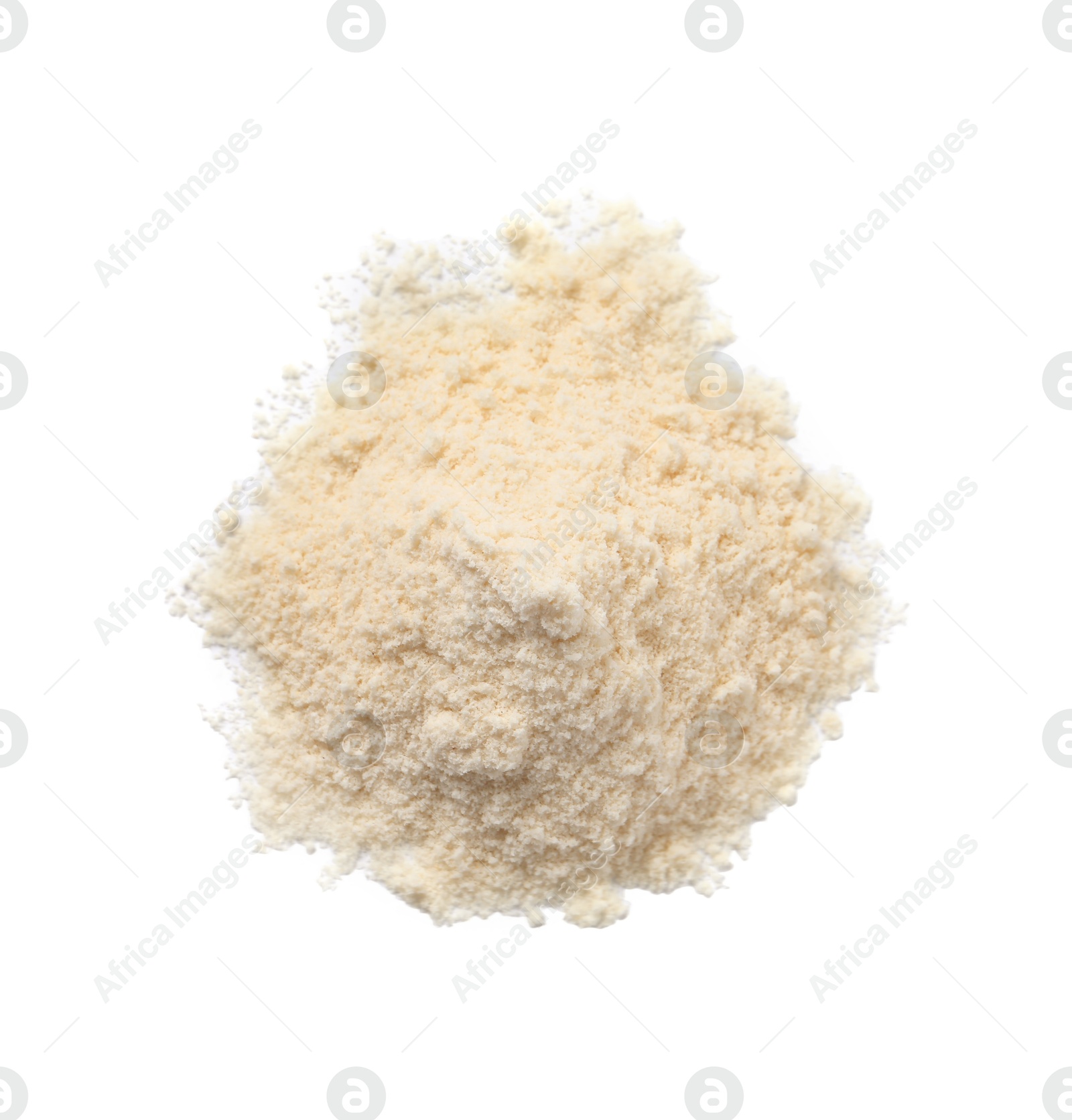 Photo of Heap of coconut flour isolated on white, top view