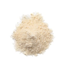 Photo of Heap of coconut flour isolated on white, top view