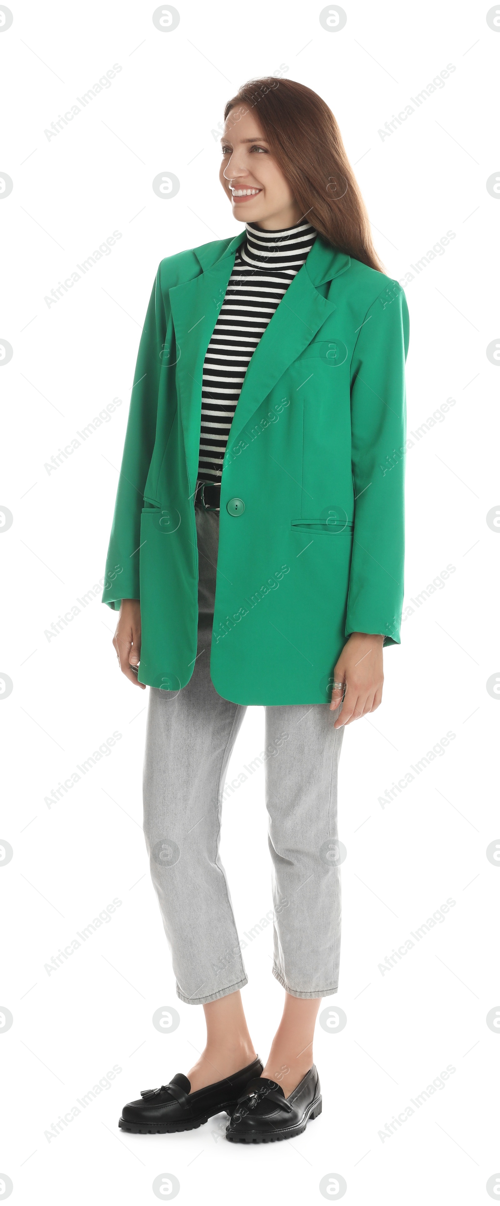 Photo of Beautiful woman in stylish green jacket on white background