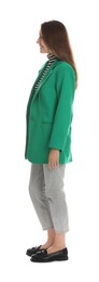 Photo of Beautiful woman in stylish green jacket on white background