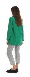 Photo of Young woman in stylish green jacket on white background, back view