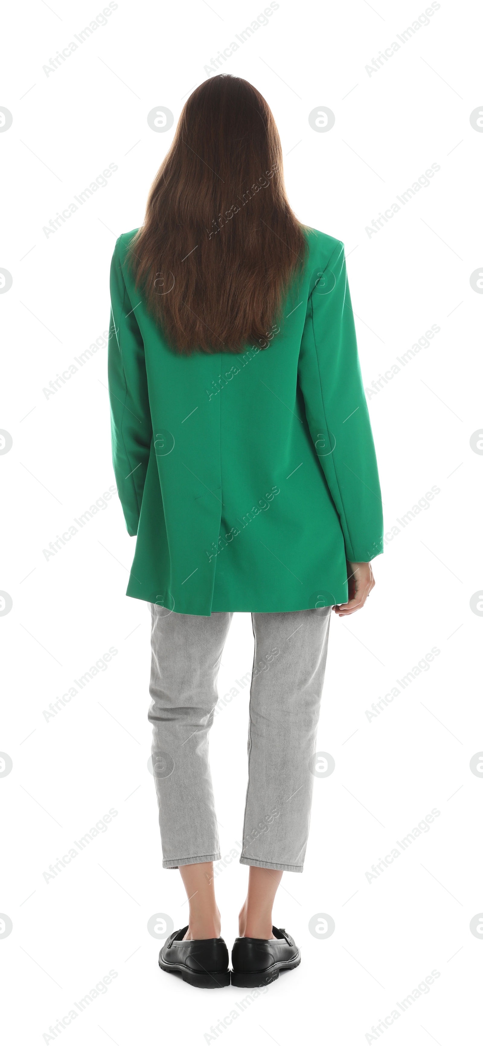 Photo of Young woman in stylish green jacket on white background, back view