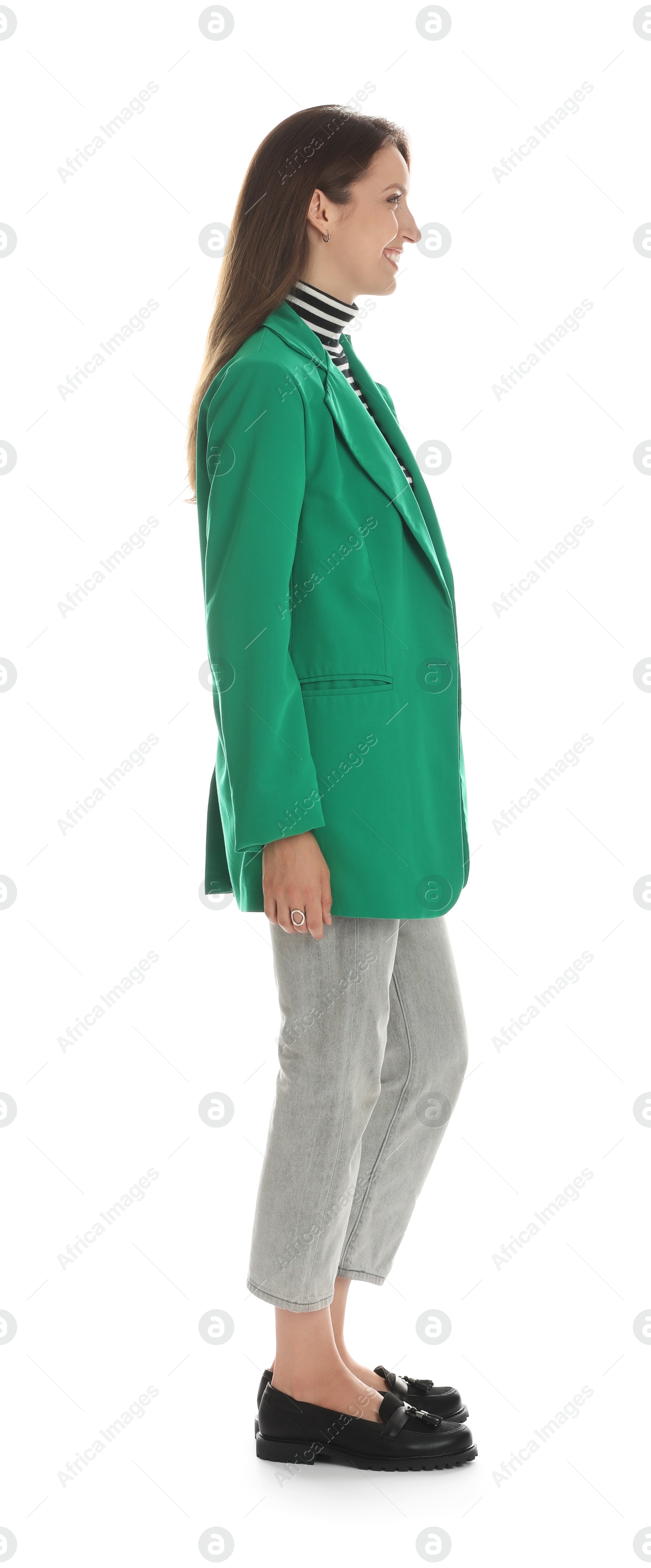 Photo of Beautiful woman in stylish green jacket on white background