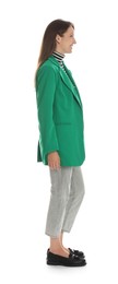 Photo of Beautiful woman in stylish green jacket on white background