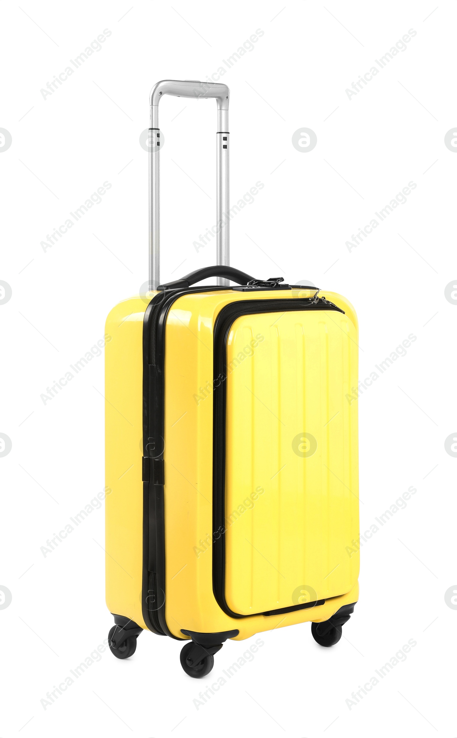 Photo of One new yellow suitcase isolated on white