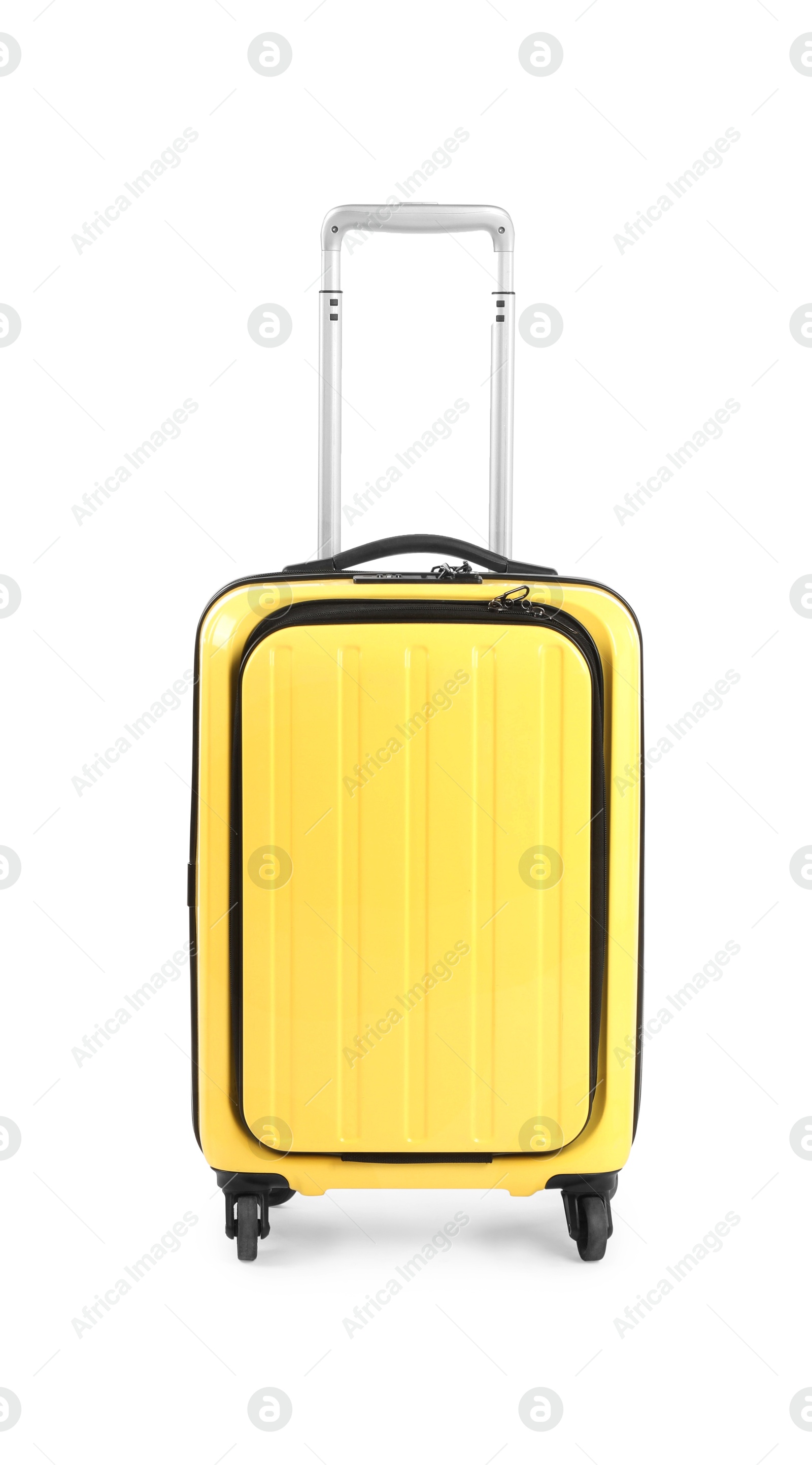 Photo of One new yellow suitcase isolated on white