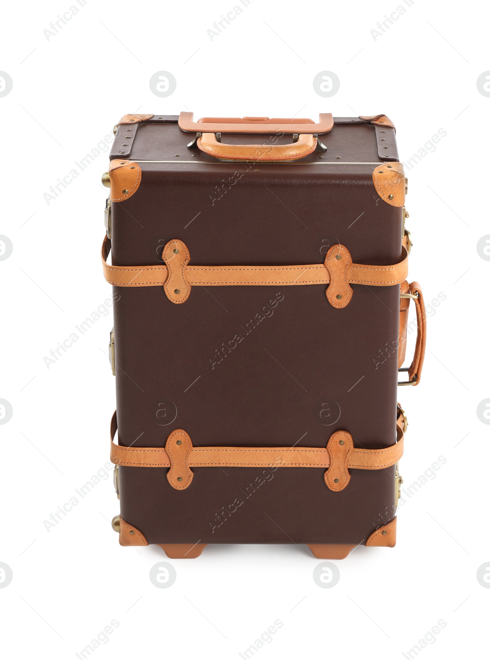 Photo of One new brown suitcase isolated on white