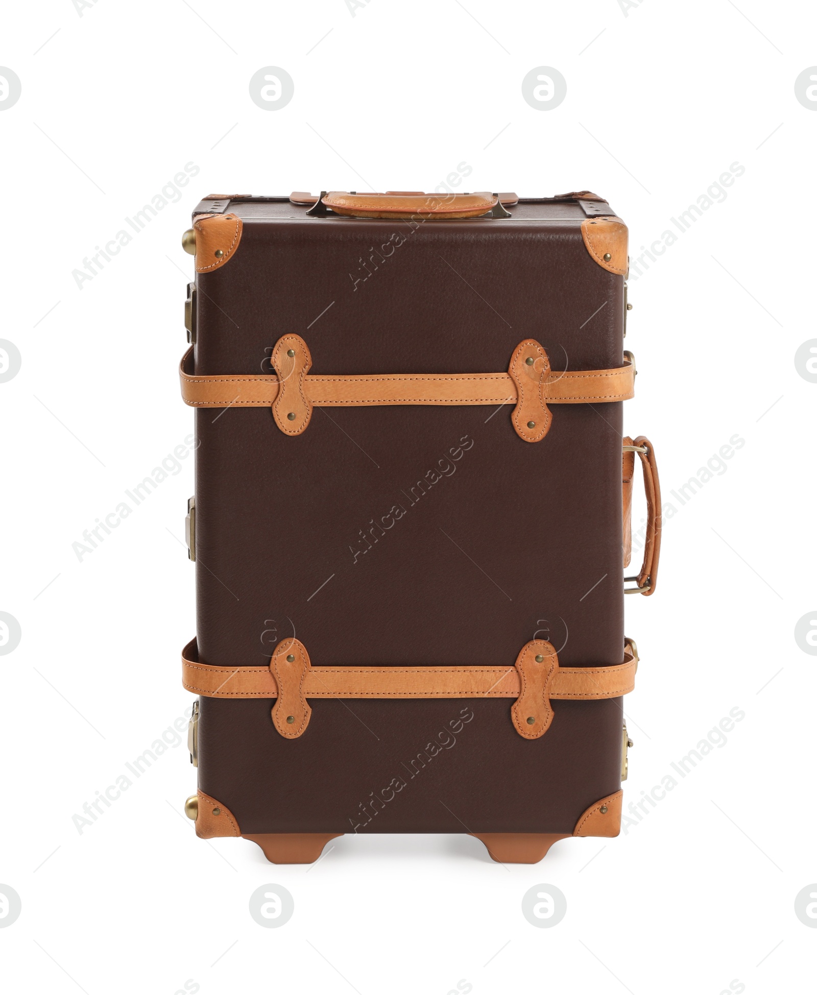 Photo of One new brown suitcase isolated on white