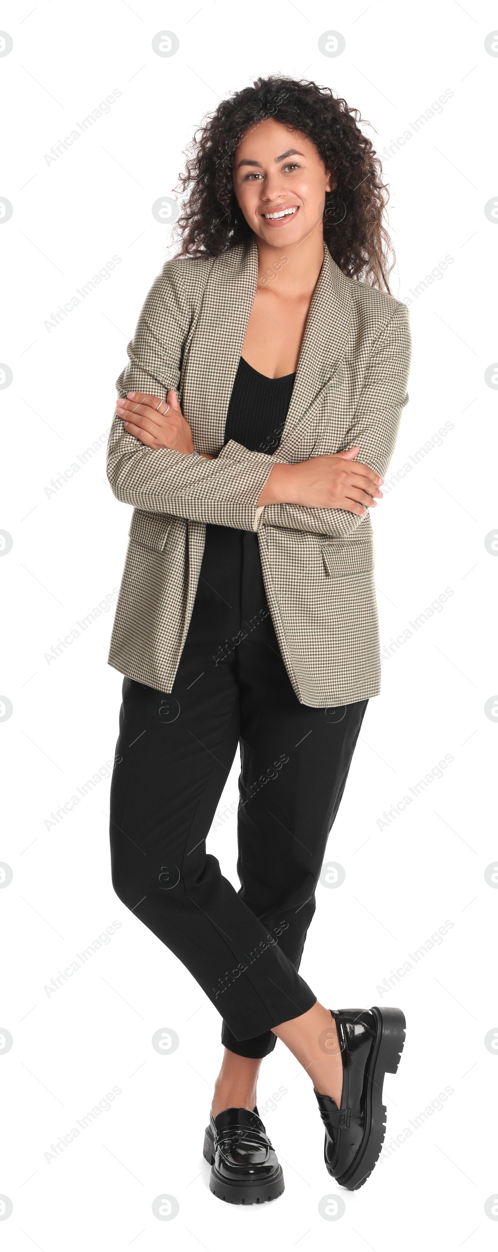 Photo of Beautiful woman in stylish jacket on white background