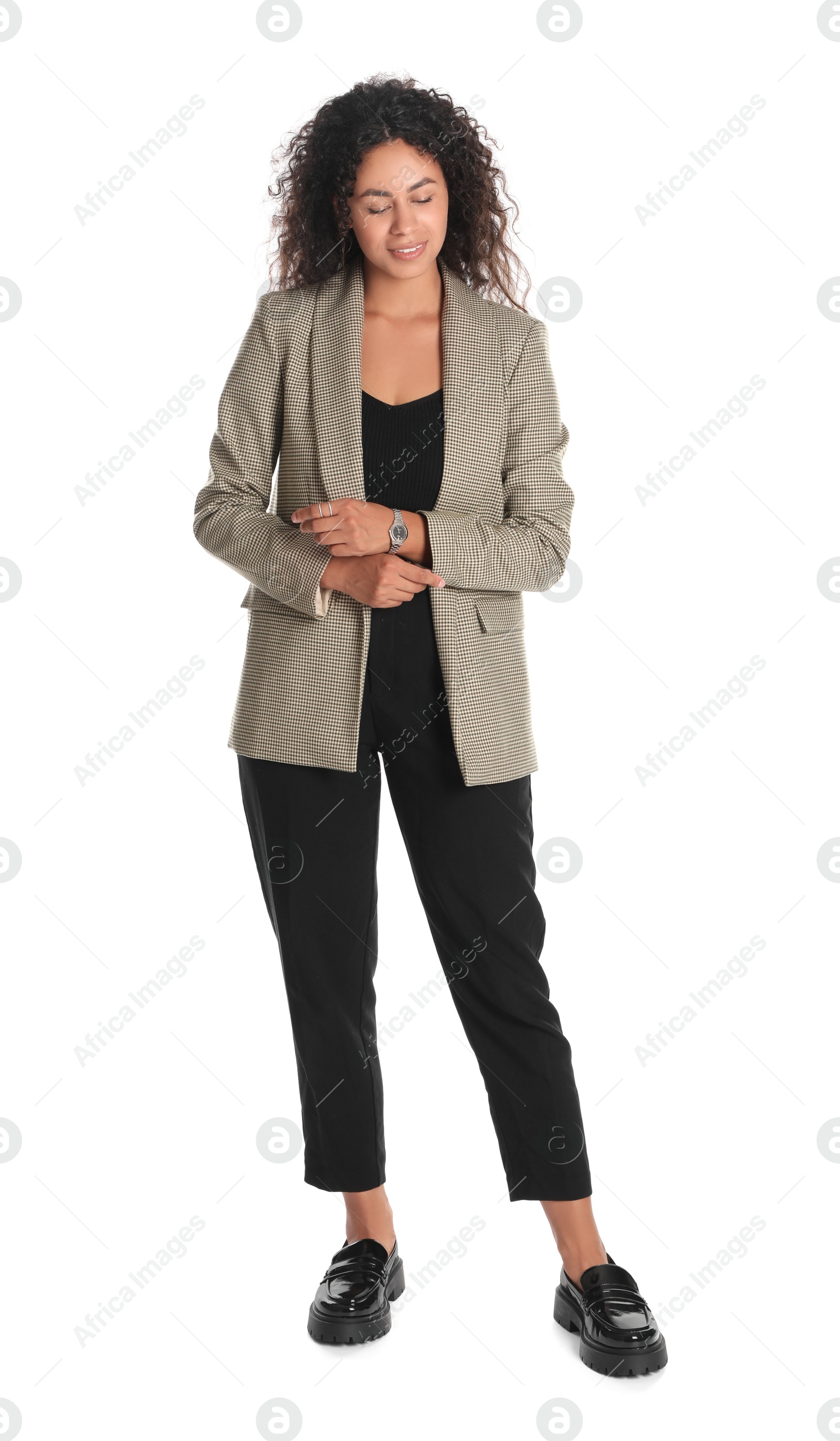 Photo of Beautiful woman in stylish jacket on white background