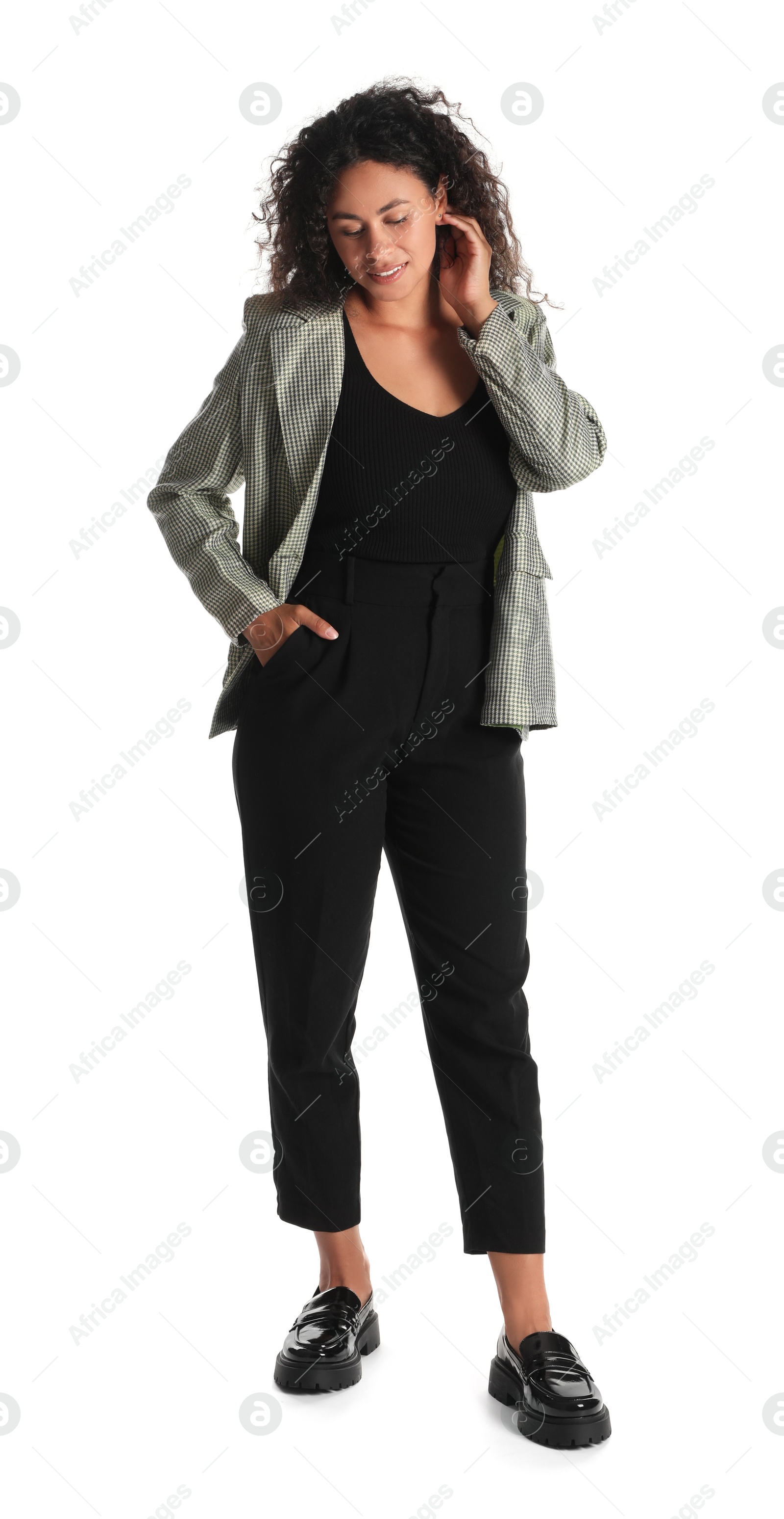 Photo of Beautiful woman in stylish jacket on white background