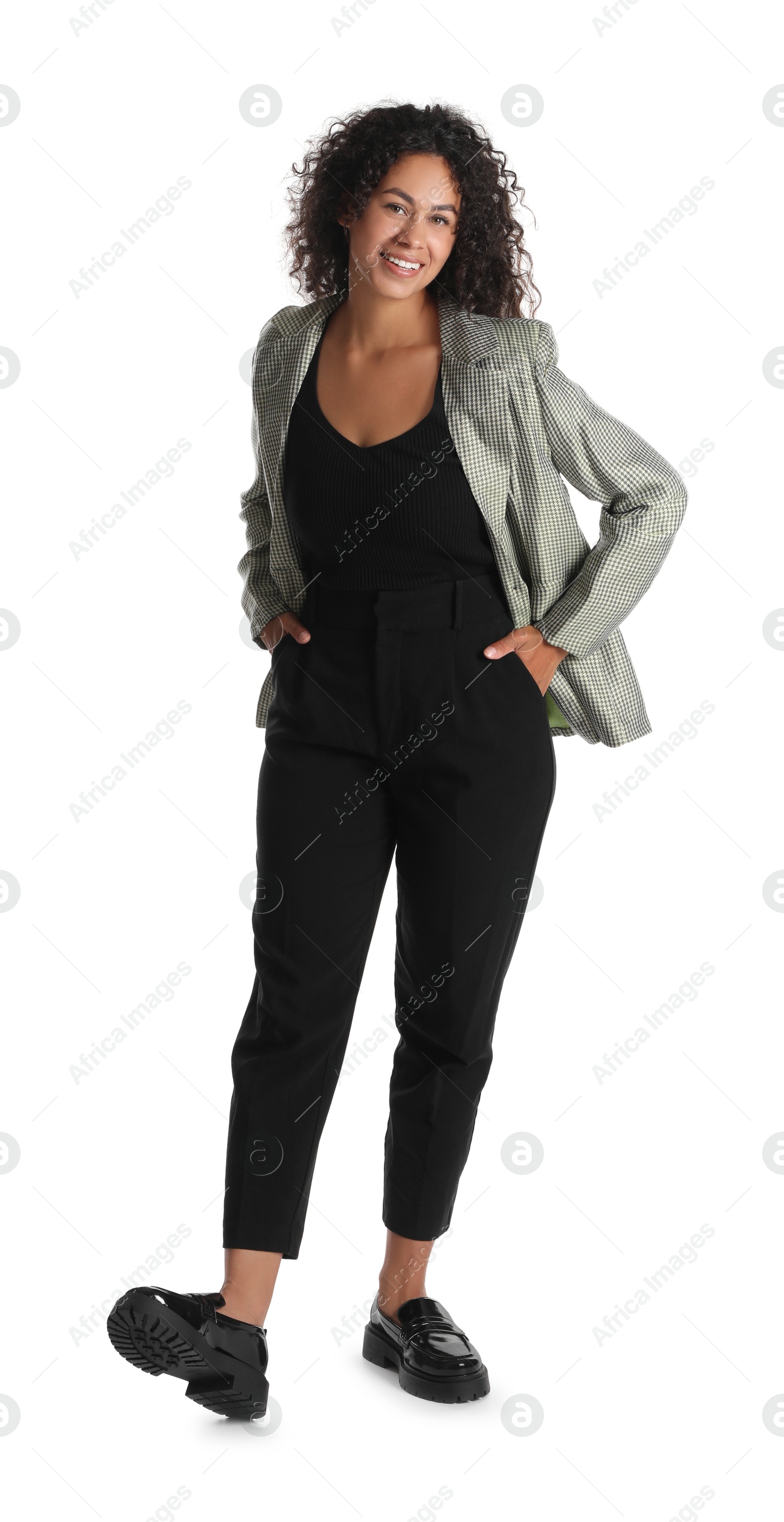 Photo of Beautiful woman in stylish jacket on white background