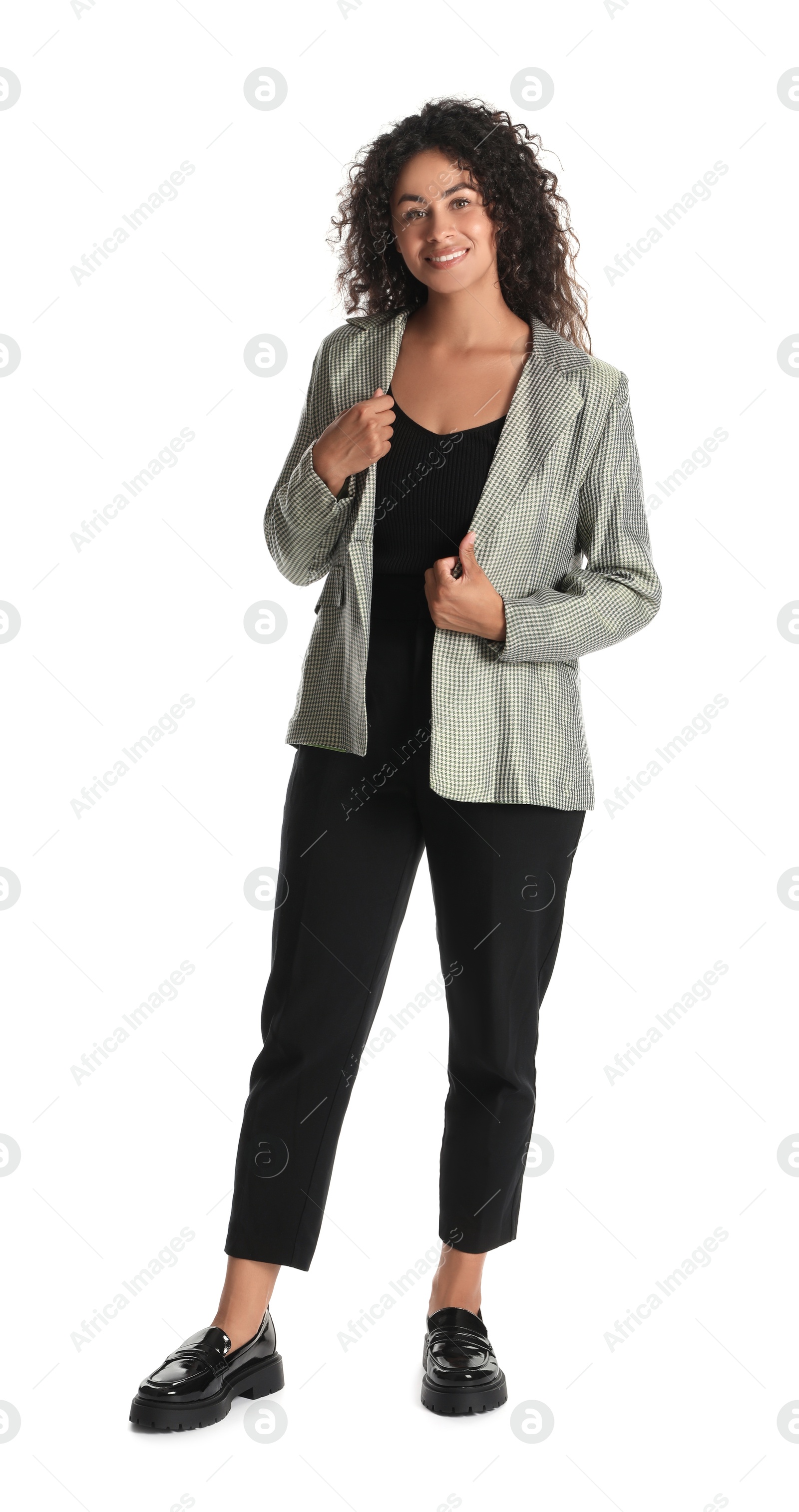 Photo of Beautiful woman in stylish jacket on white background