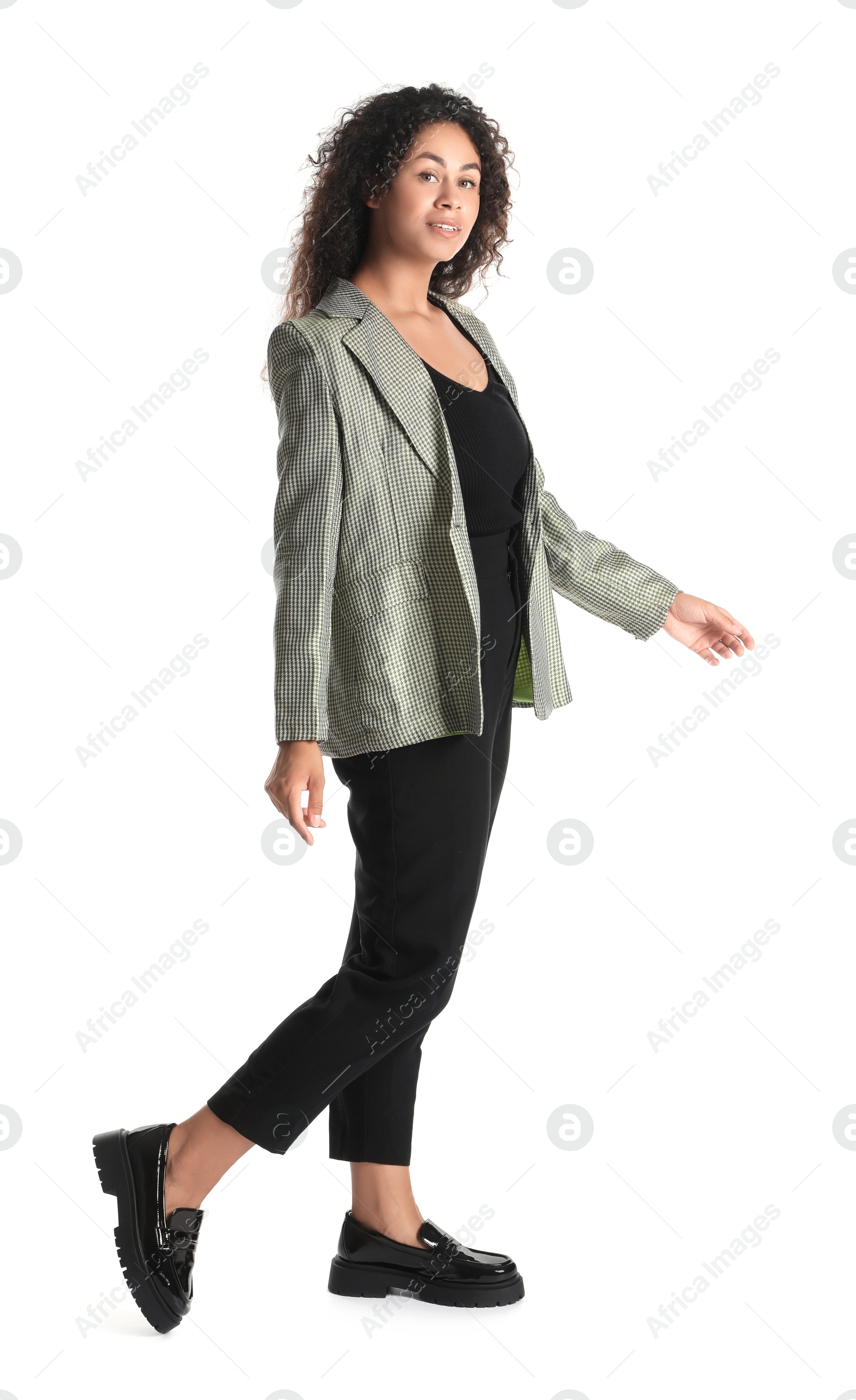 Photo of Beautiful woman in stylish jacket on white background