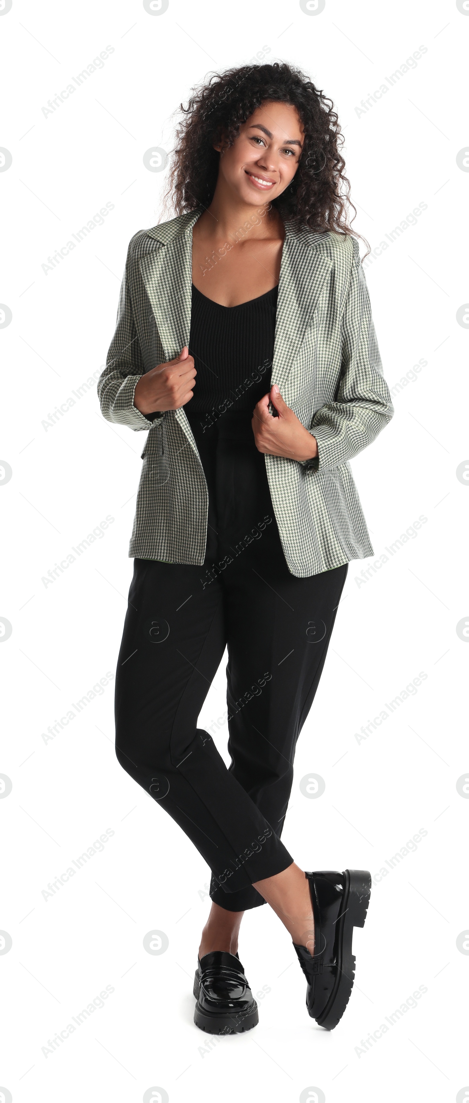 Photo of Beautiful woman in stylish jacket on white background