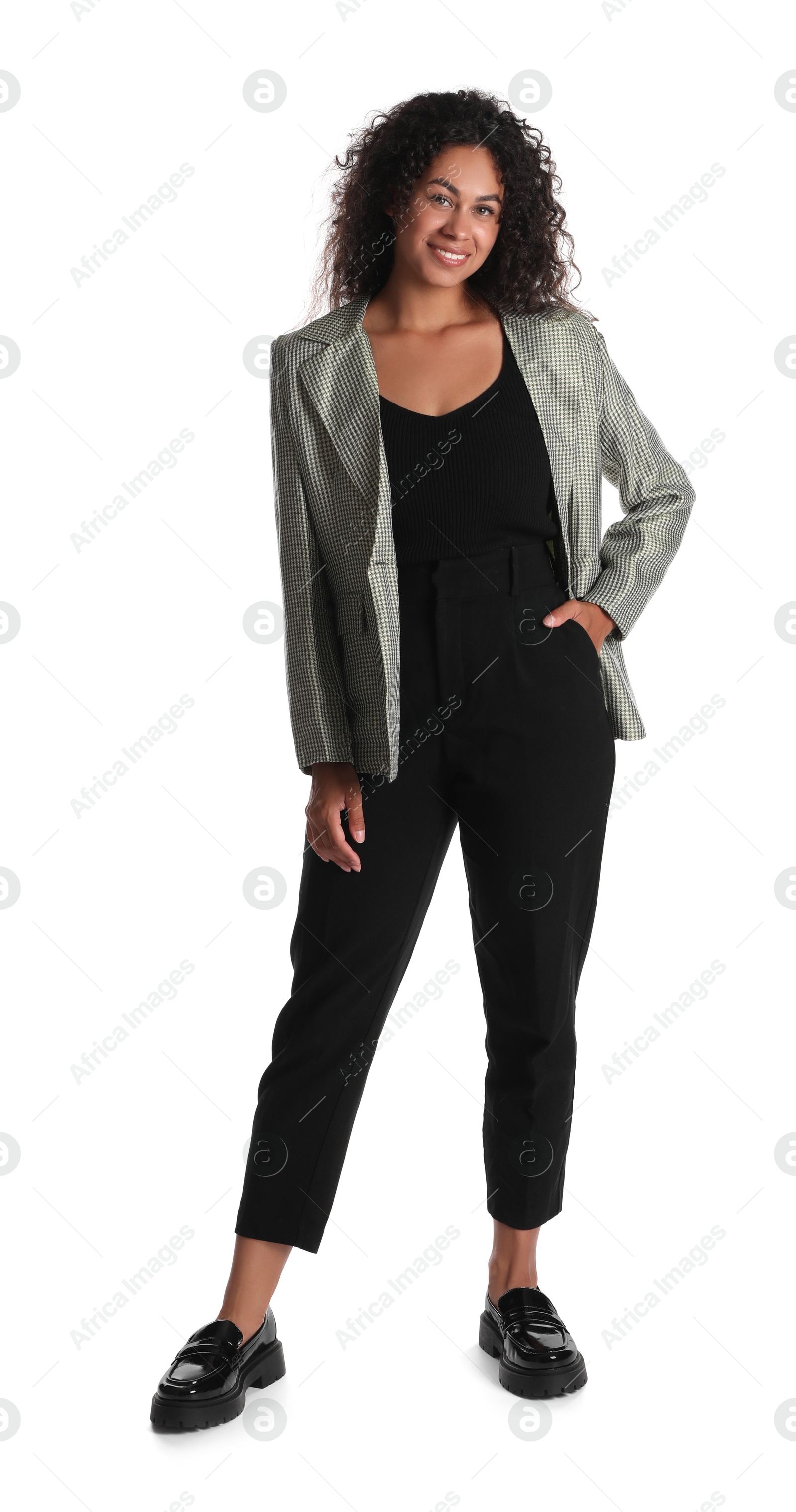 Photo of Beautiful woman in stylish jacket on white background