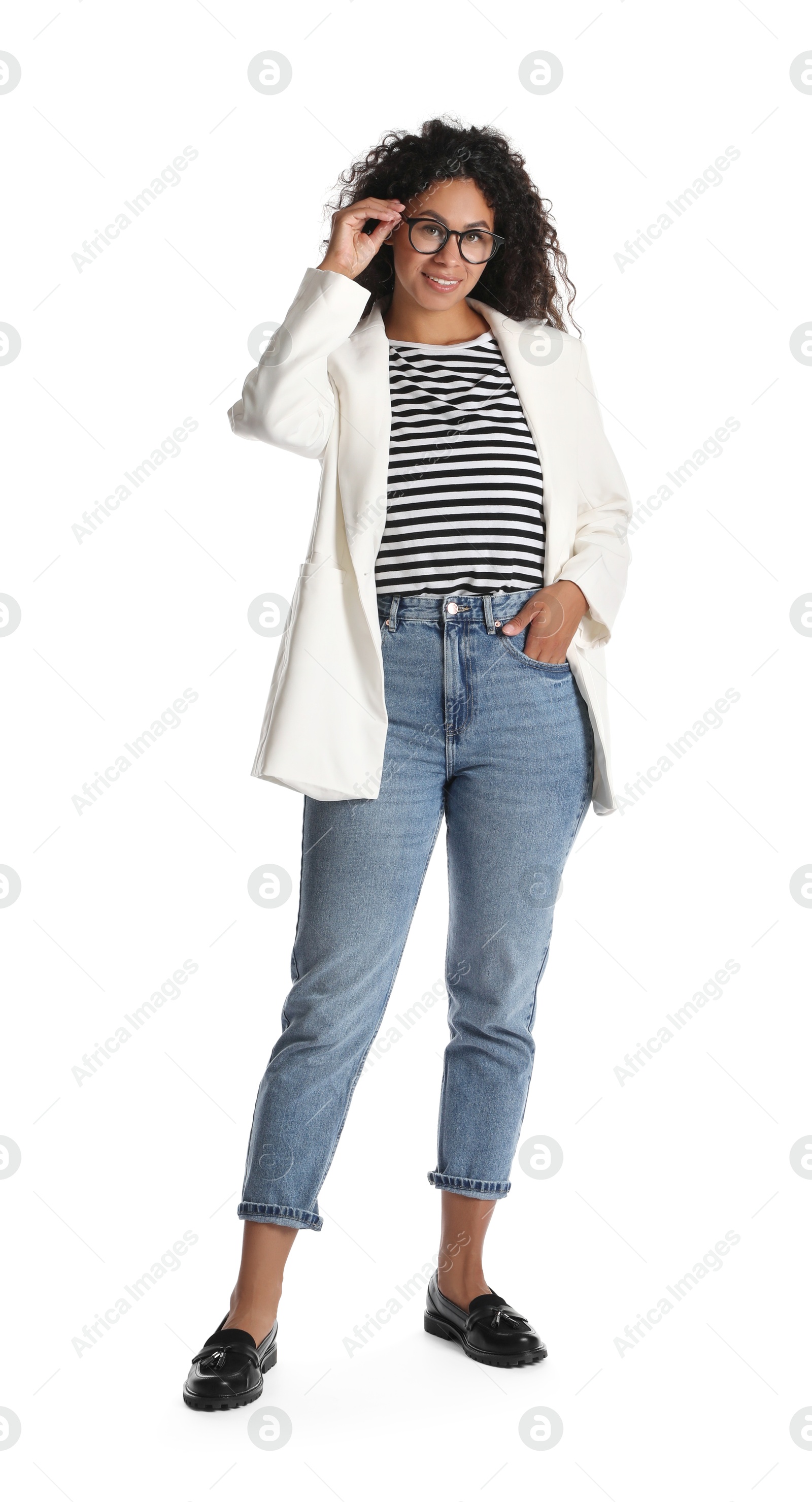 Photo of Beautiful woman in stylish jacket on white background