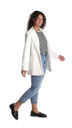 Photo of Beautiful woman in stylish jacket on white background