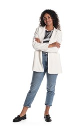 Photo of Beautiful woman in stylish jacket on white background