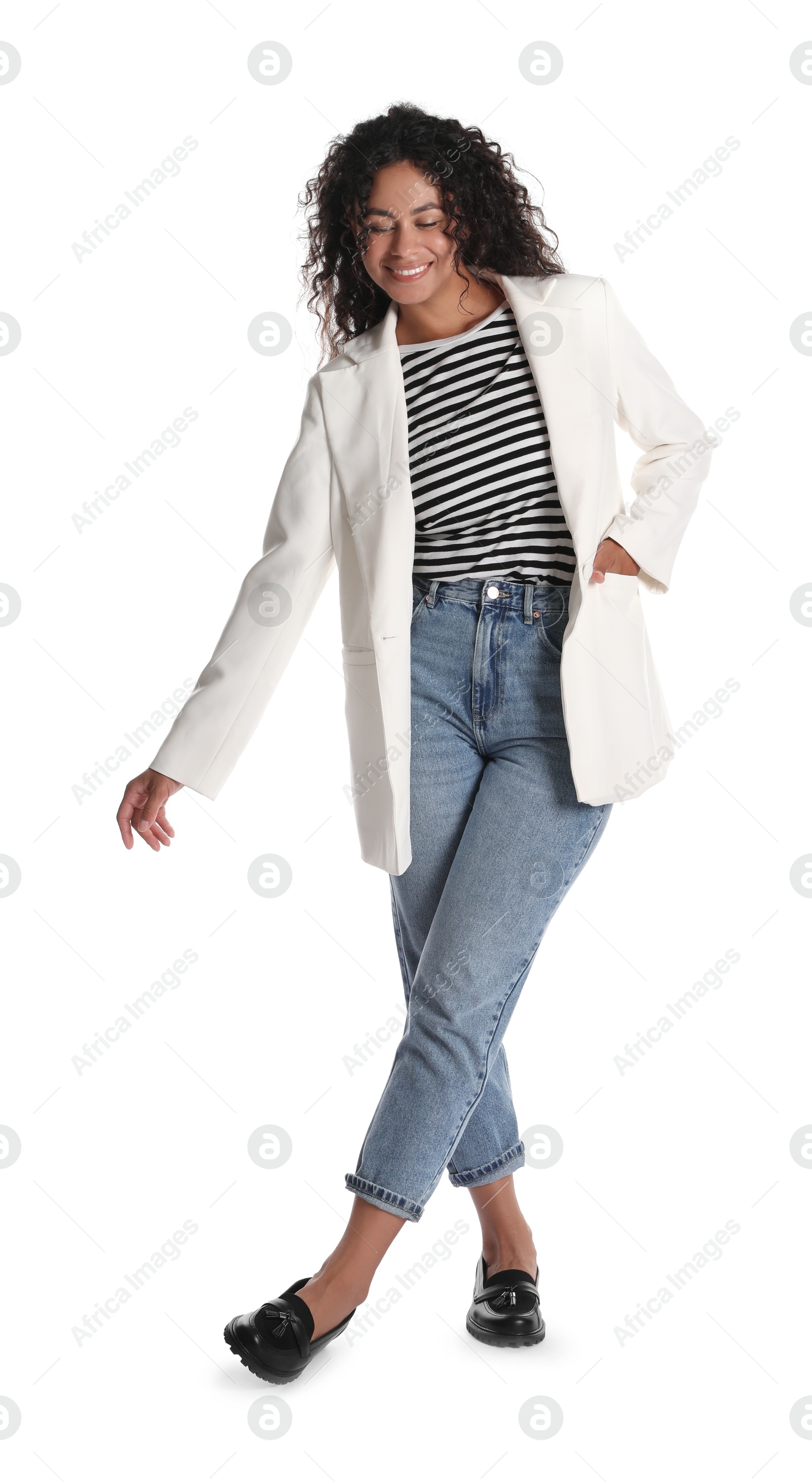 Photo of Beautiful woman in stylish jacket on white background