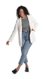 Beautiful woman in stylish jacket on white background