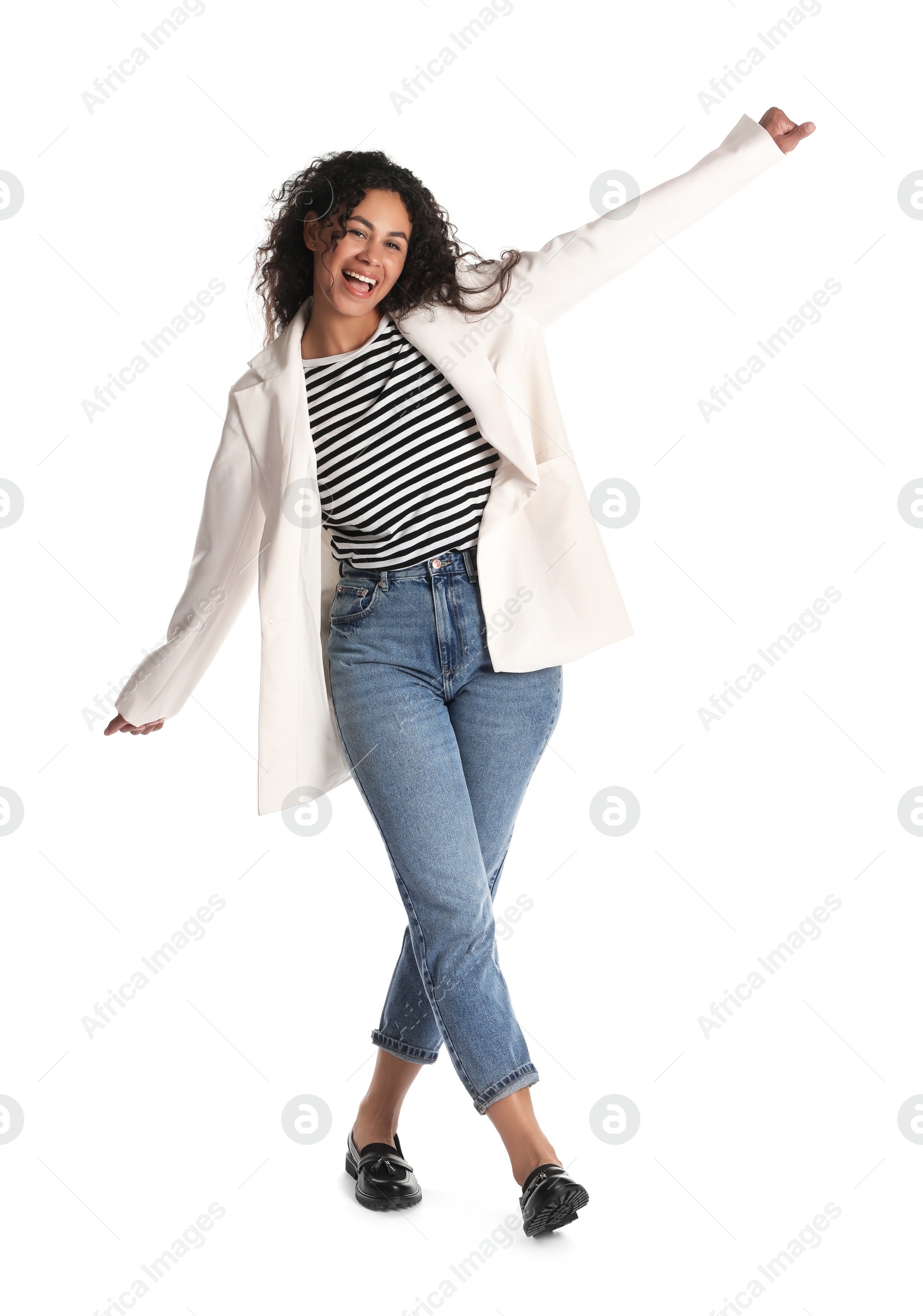 Photo of Beautiful woman in stylish jacket on white background