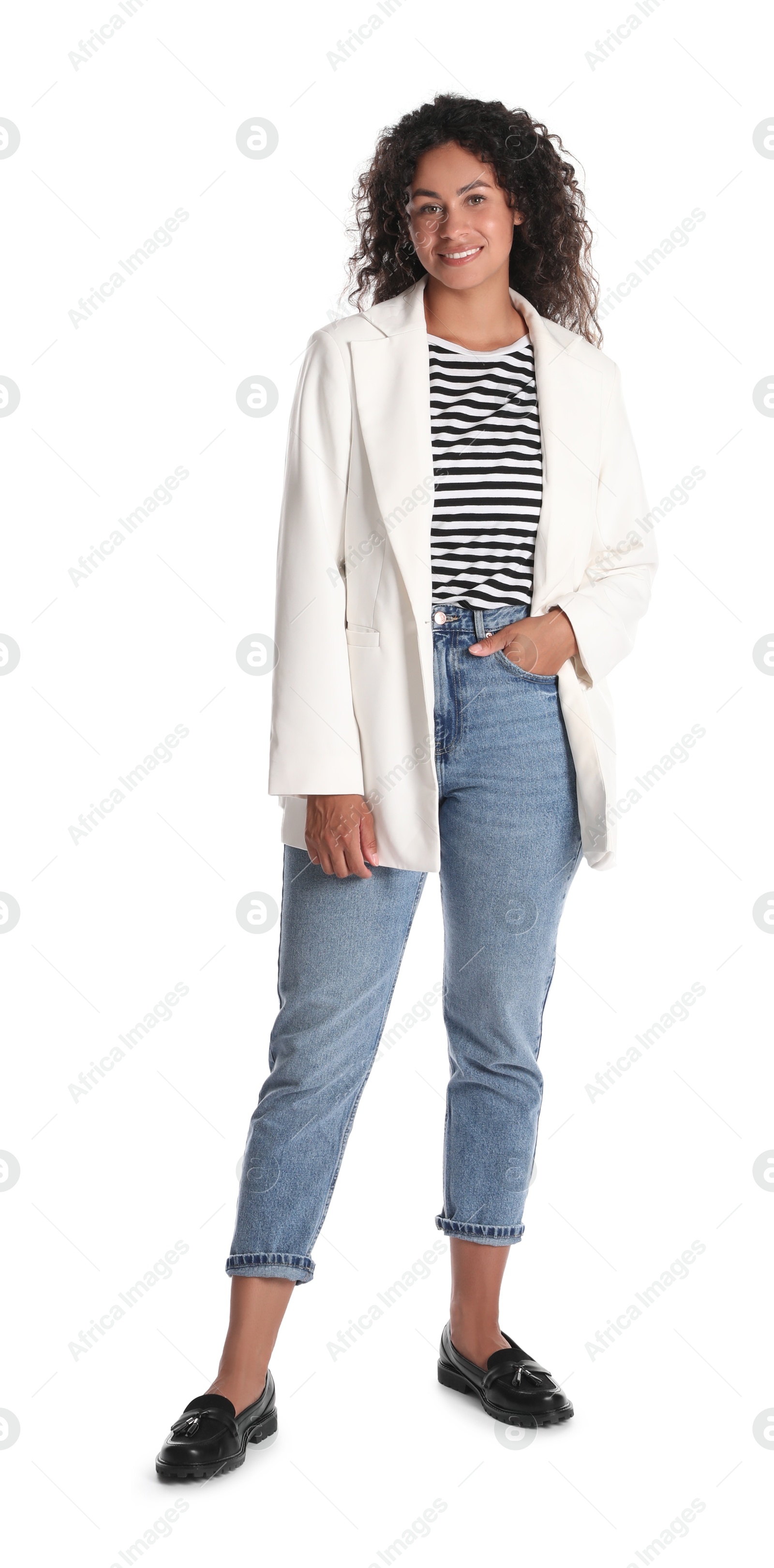 Photo of Beautiful woman in stylish jacket on white background