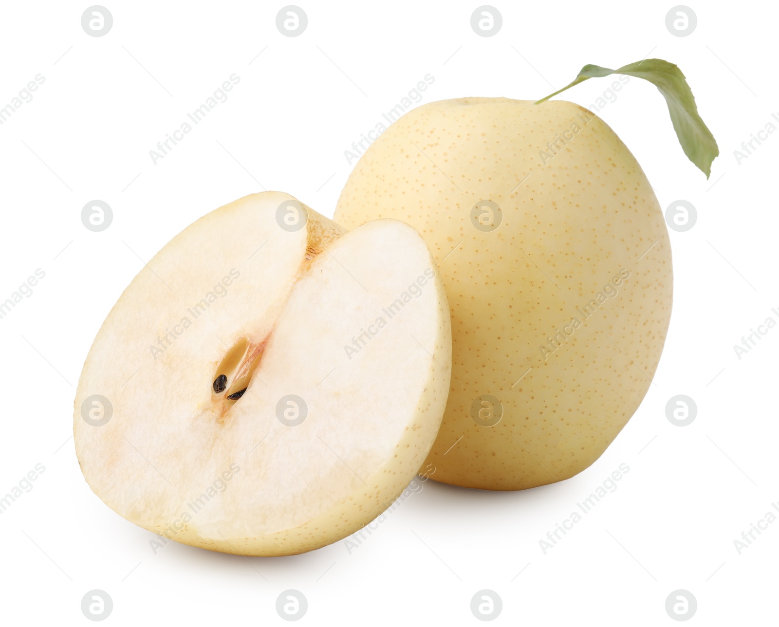 Photo of Fresh apple pears and green leaf isolated on white