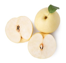 Photo of Fresh apple pears and green leaf isolated on white, top view