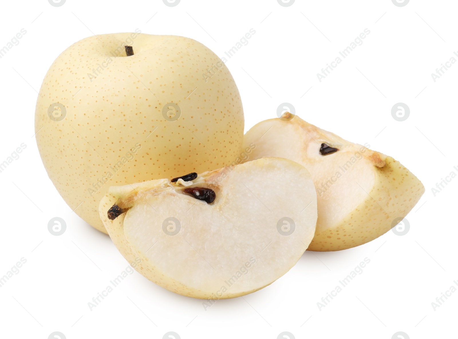 Photo of Whole and cut fresh apple pears isolated on white