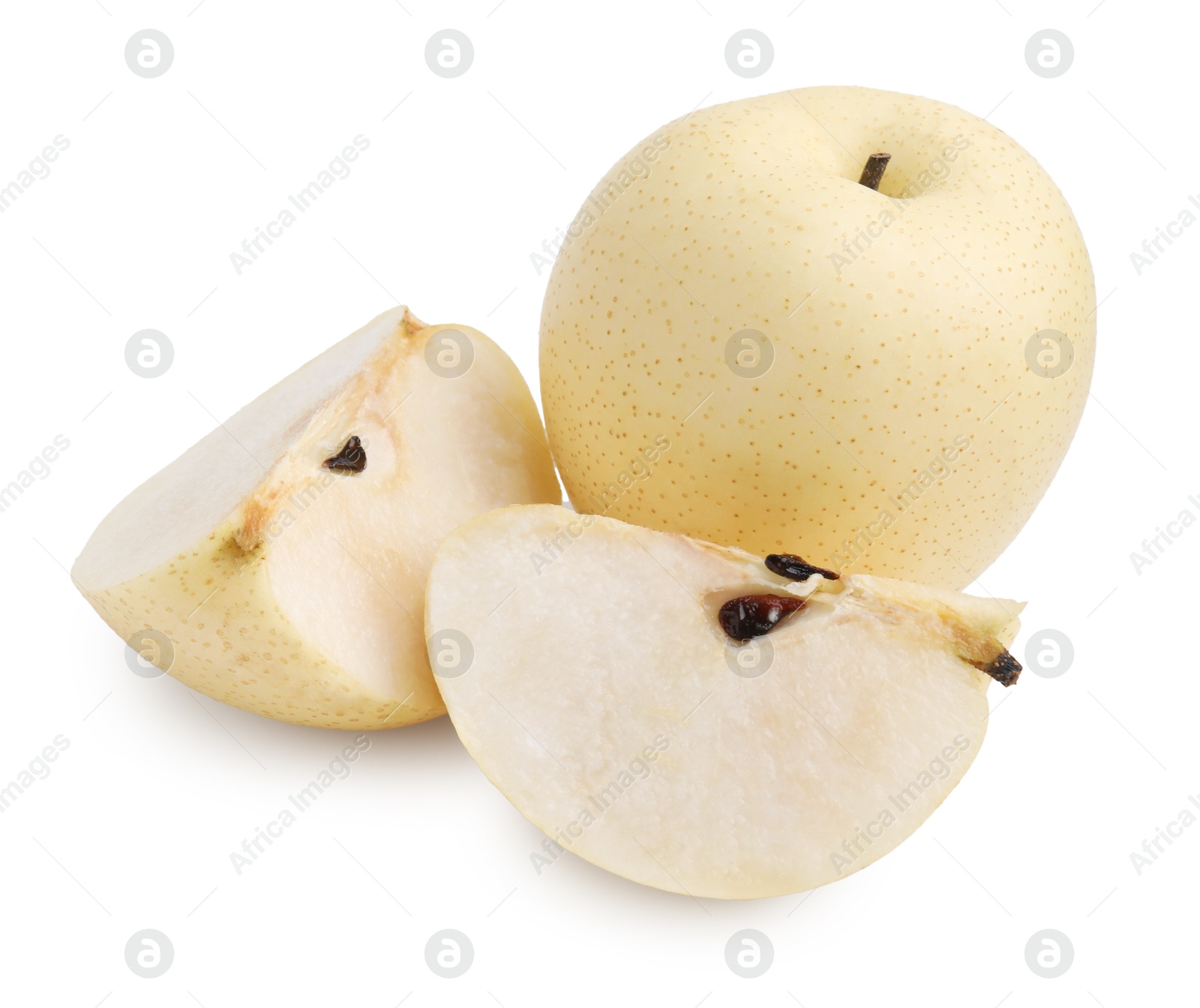 Photo of Whole and cut fresh apple pears isolated on white