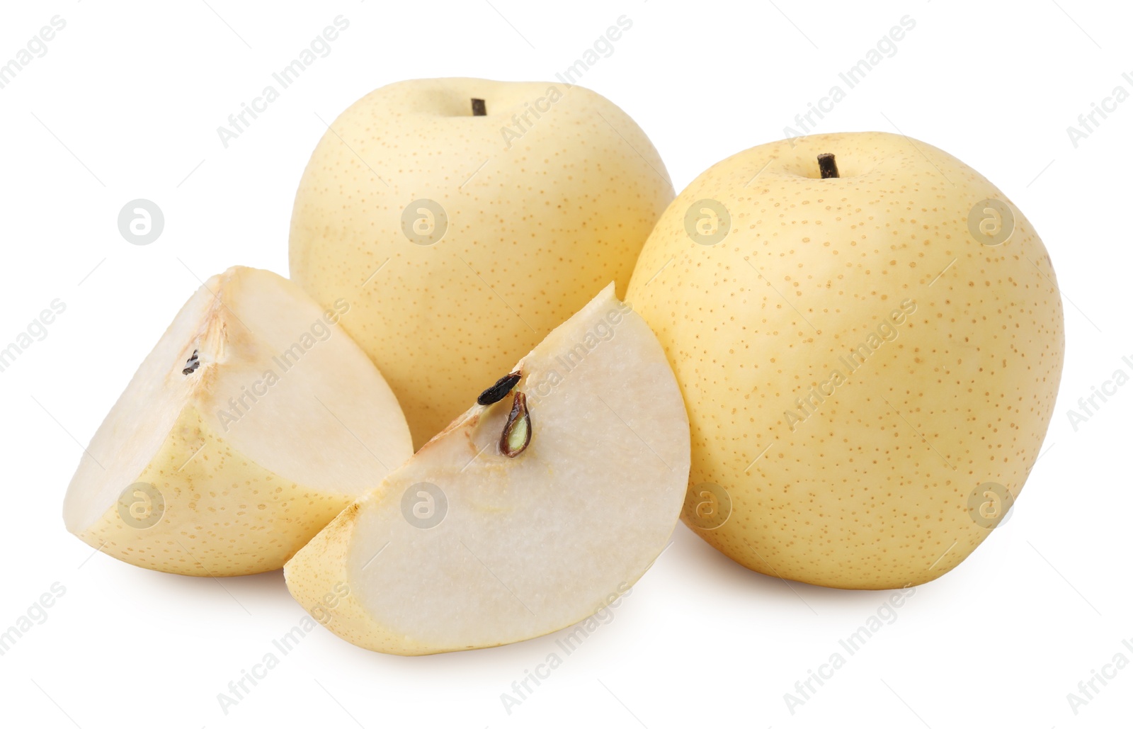 Photo of Whole and cut fresh apple pears isolated on white