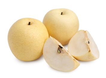 Photo of Whole and cut fresh apple pears isolated on white