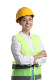 Engineer in hard hat on white background