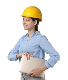 Photo of Engineer in hard hat with laptop on white background