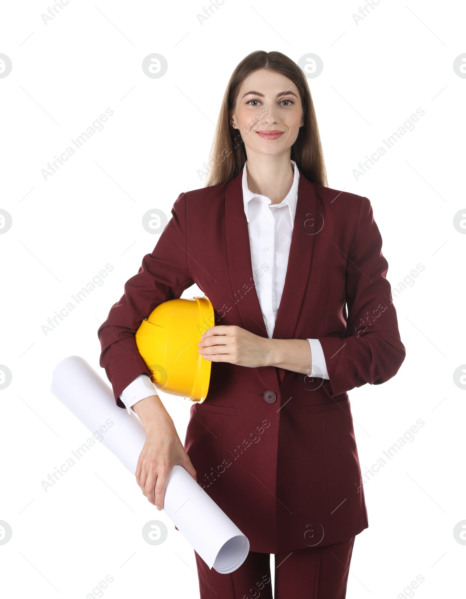 Photo of Engineer with hard hat and draft on white background