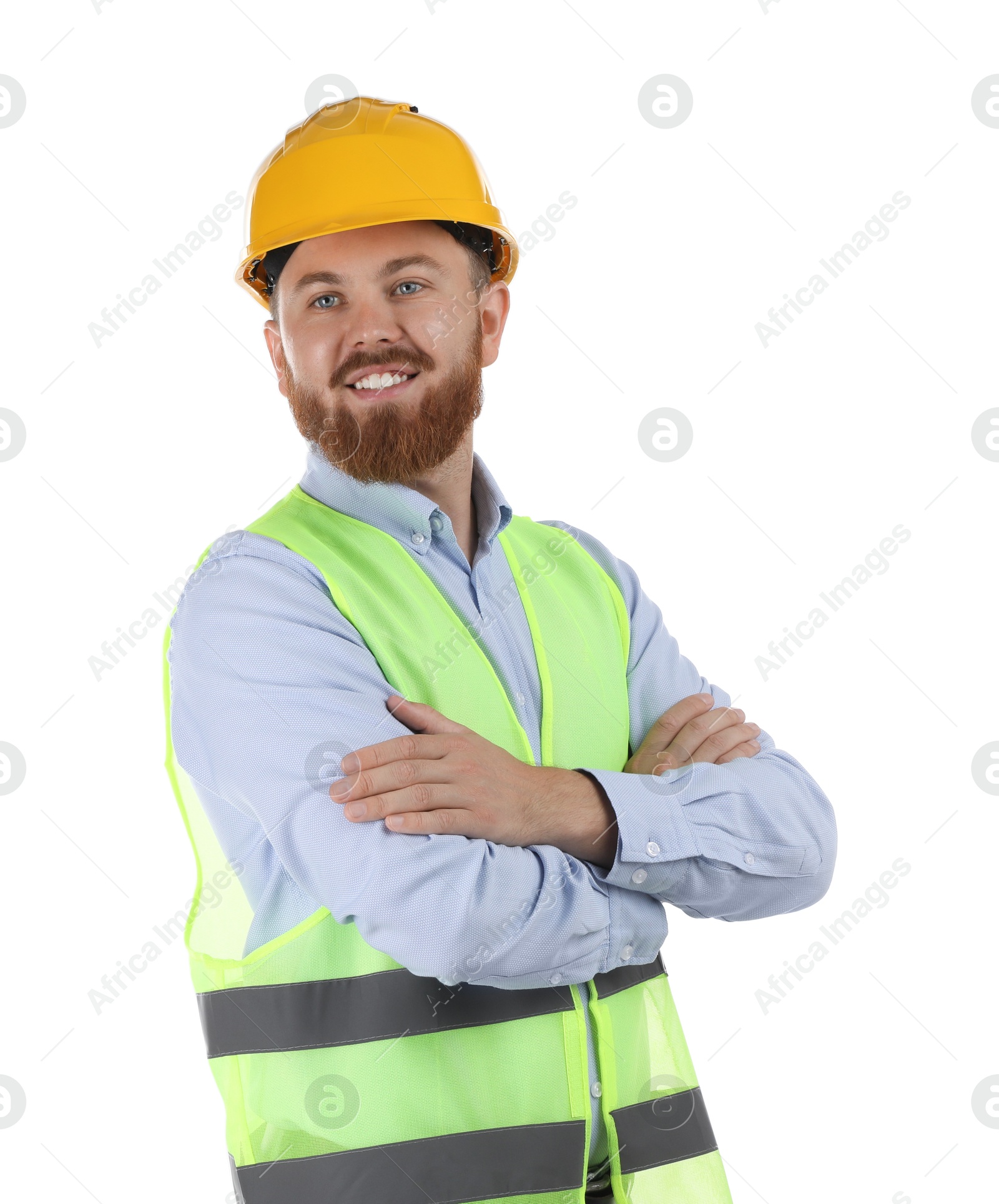 Photo of Engineer in hard hat on white background