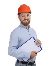 Engineer in hard hat with clipboard on white background