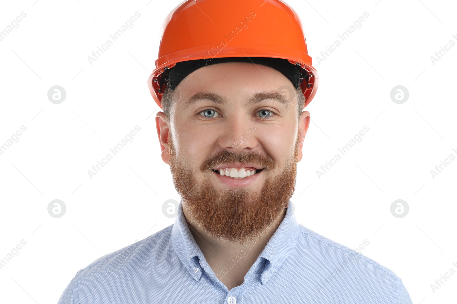 Photo of Engineer in hard hat on white background