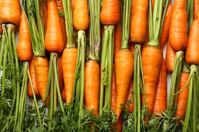 Photo of Tasty ripe juicy carrots as background, top view