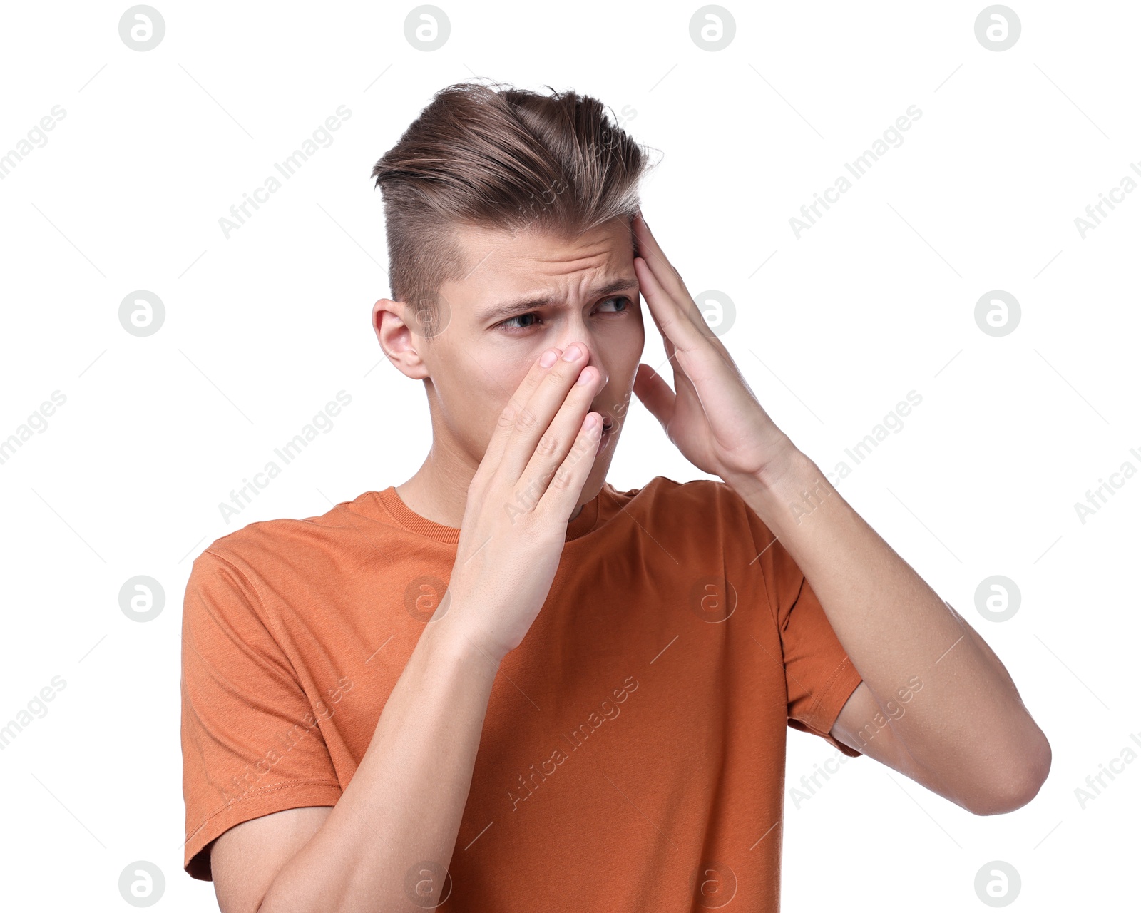 Photo of Young man suffering from sinusitis on white background