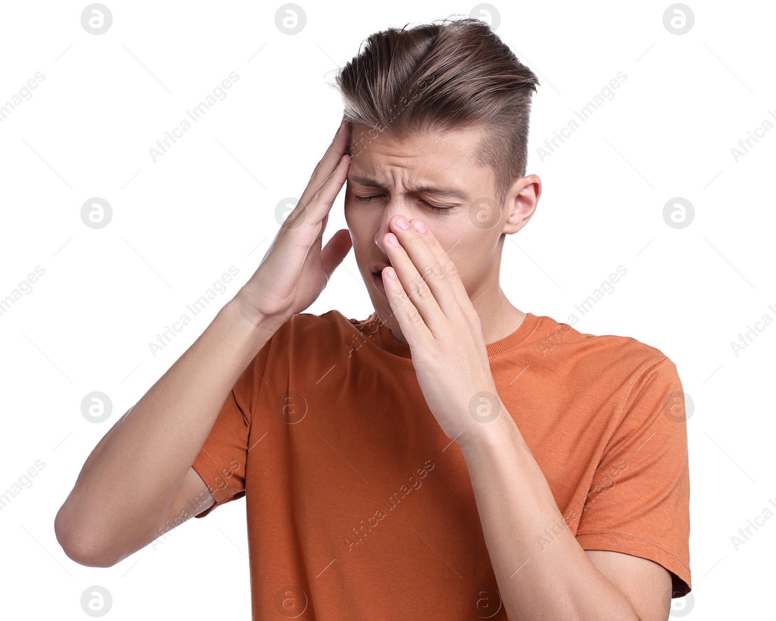 Photo of Young man suffering from sinusitis on white background