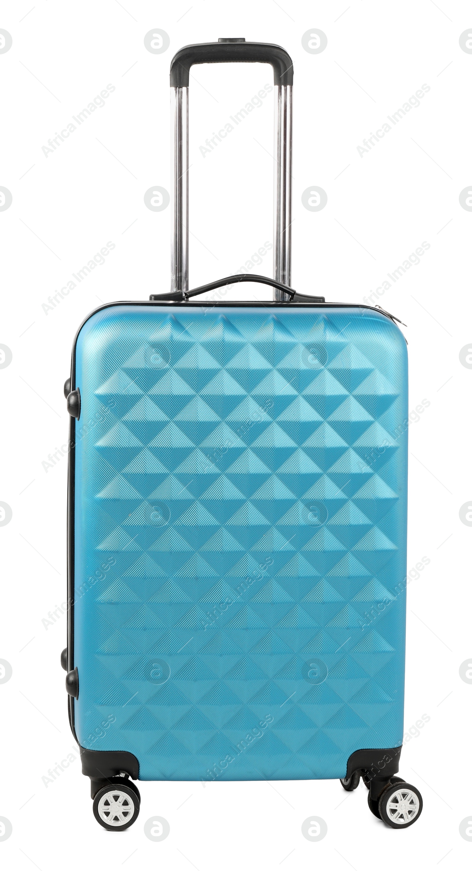 Photo of One light blue suitcase isolated on white