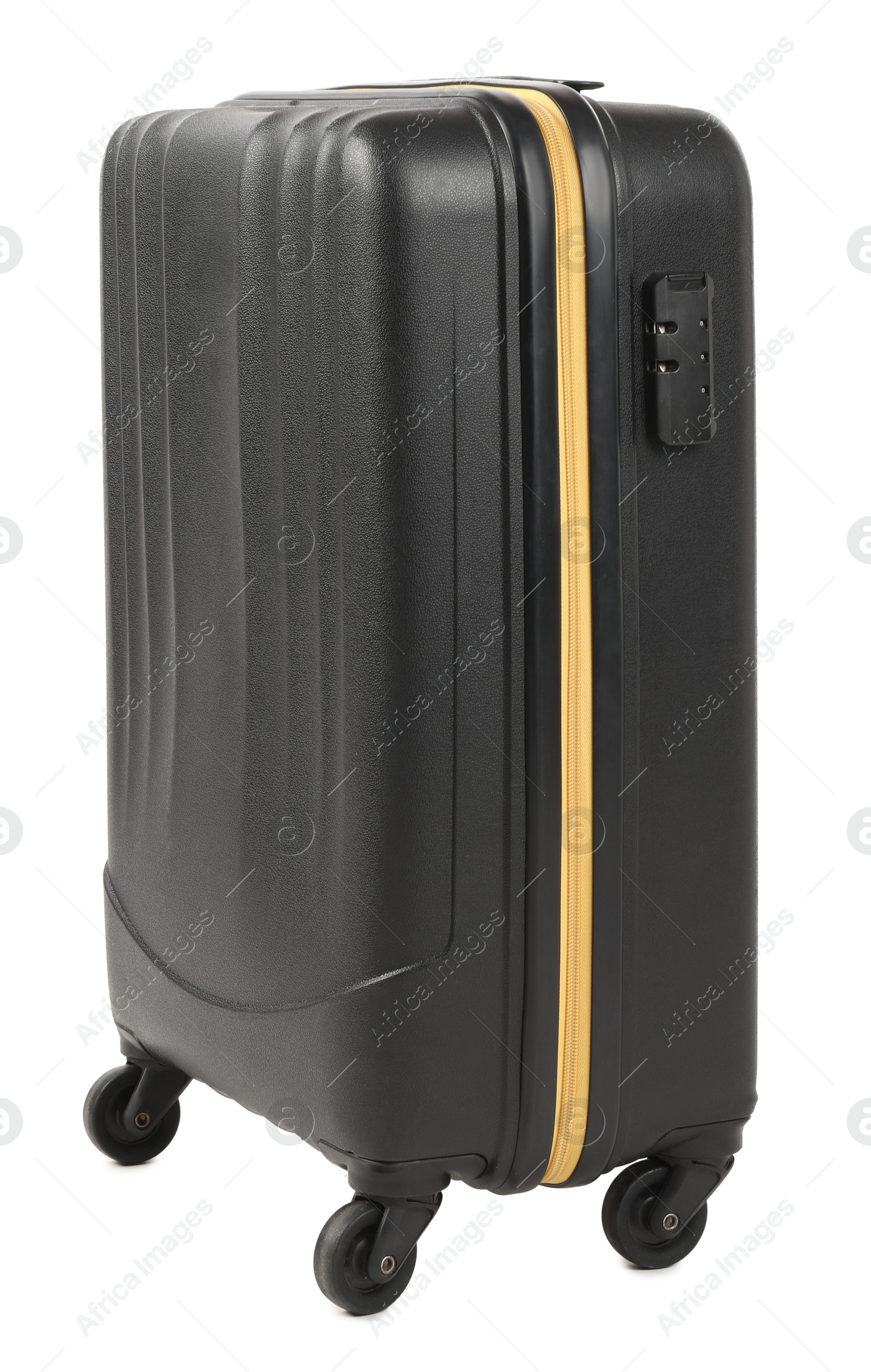 Photo of One new dark suitcase isolated on white