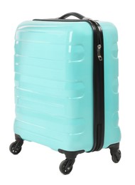 Photo of One light blue suitcase isolated on white