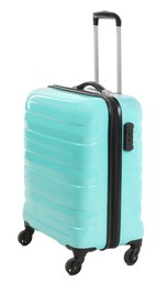 Photo of One light blue suitcase isolated on white