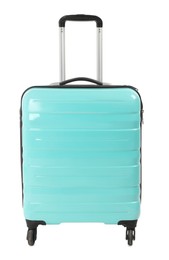 Photo of One light blue suitcase isolated on white